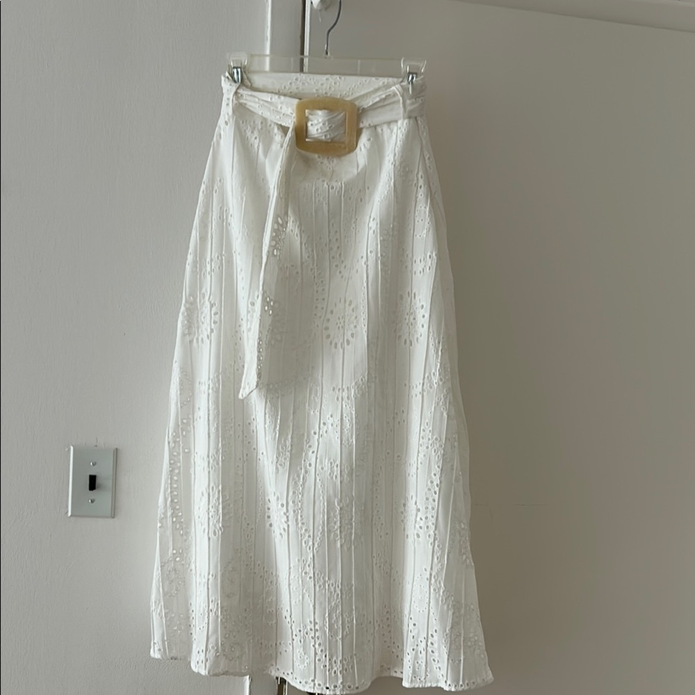 Zara White Belted Eyelet Maxi Skirt